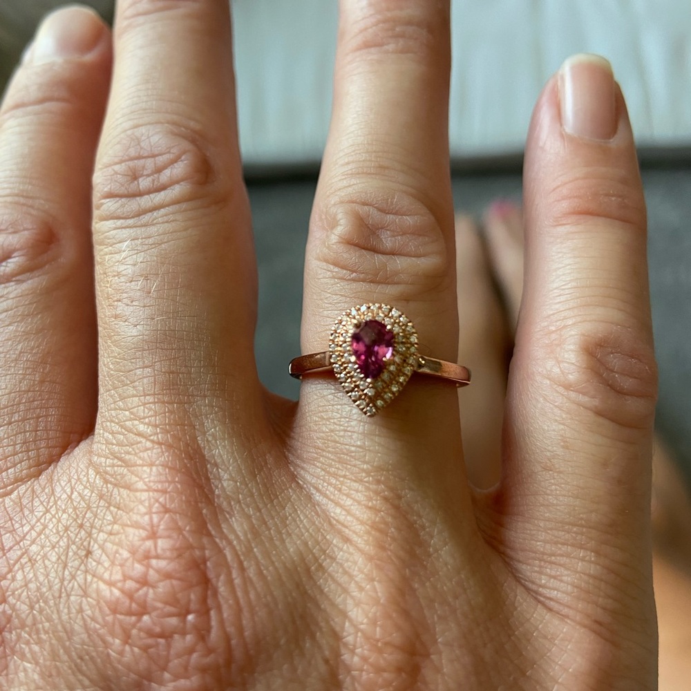 Pretty, solid 10k rose gold pink tourmaline and Diamond pear shape ring size 6.5
